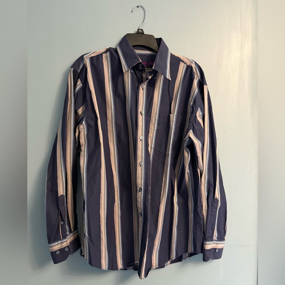 Bugatchi Navy and Beige Striped Button Down Shirt